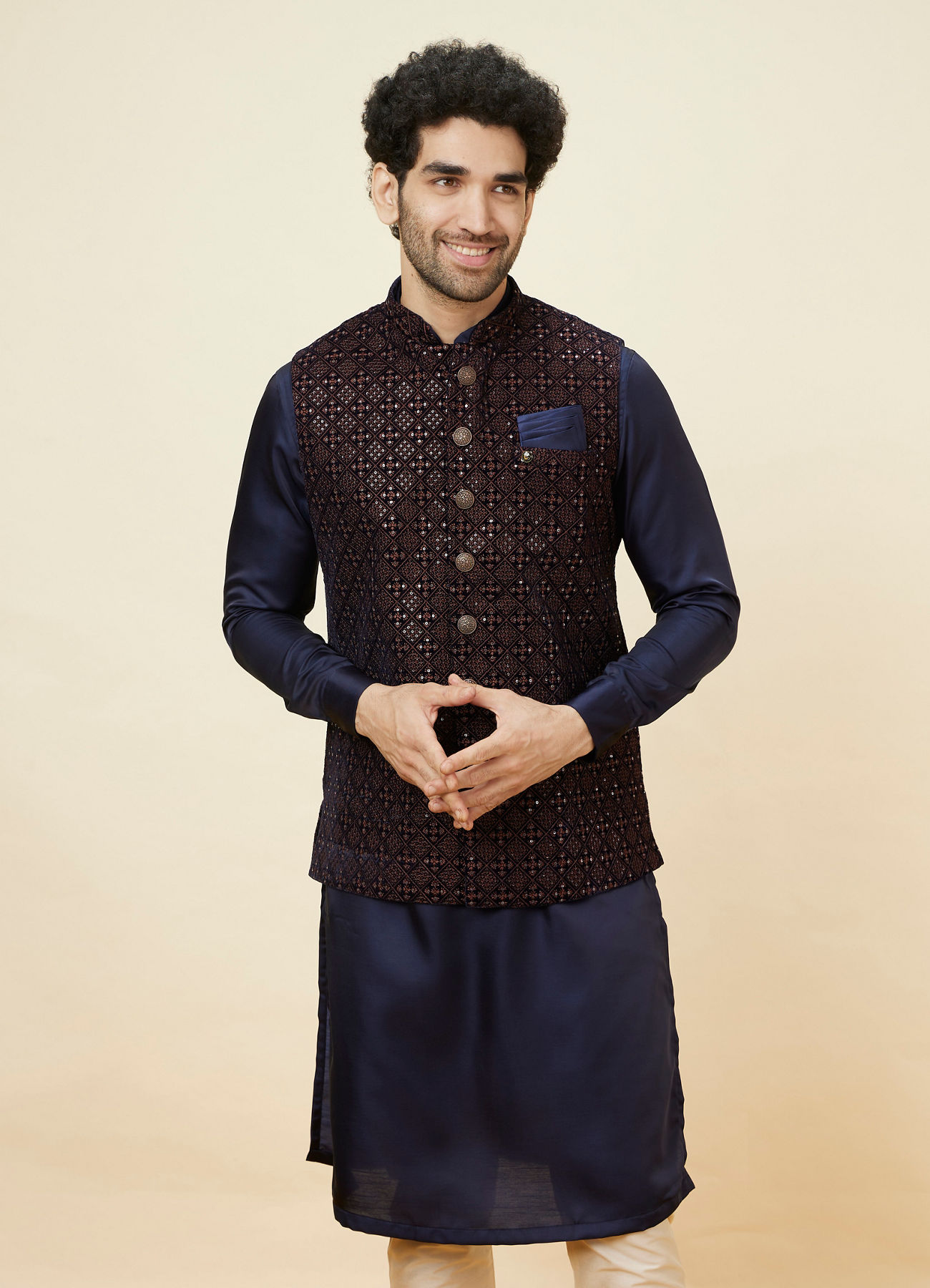Manyavar Men Deep Blue Sequined Jacket