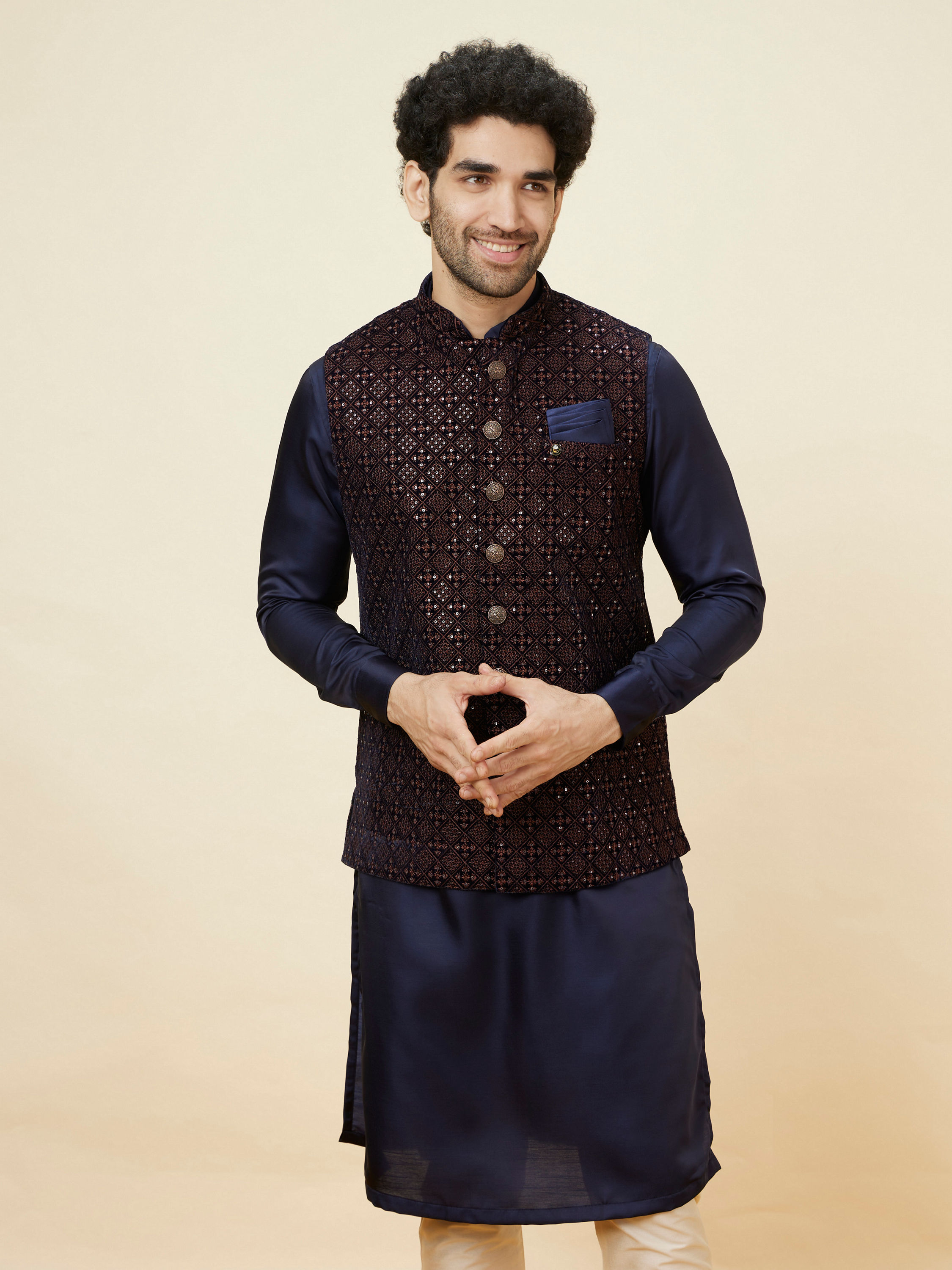 Manyavar Men Deep Blue Sequined Jacket