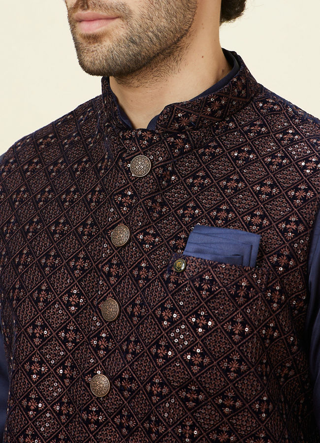 Buy Deep Blue Sequined Jacket Online in India Manyavar Nehru Jacket