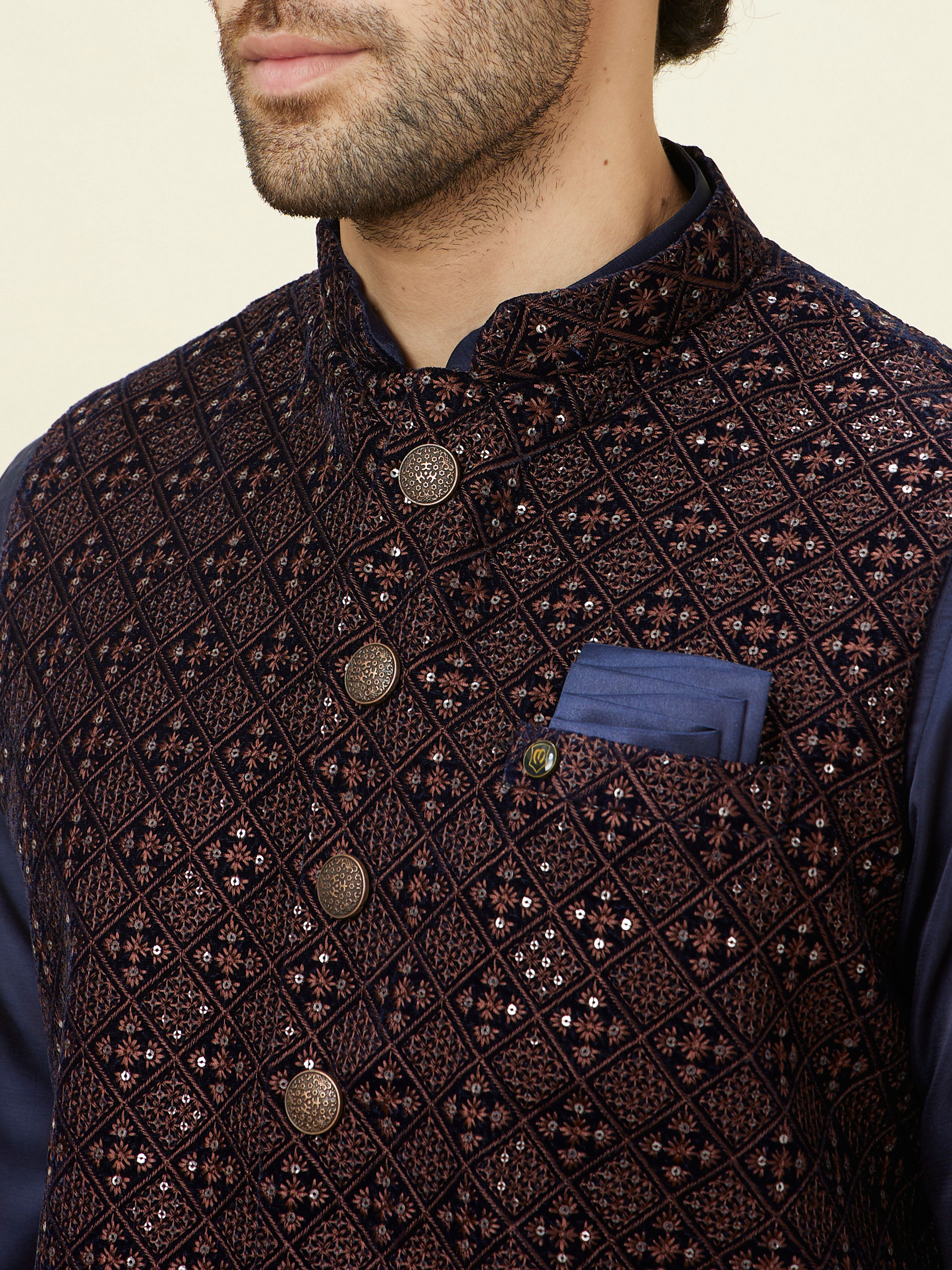 Manyavar Men Deep Blue Sequined Jacket