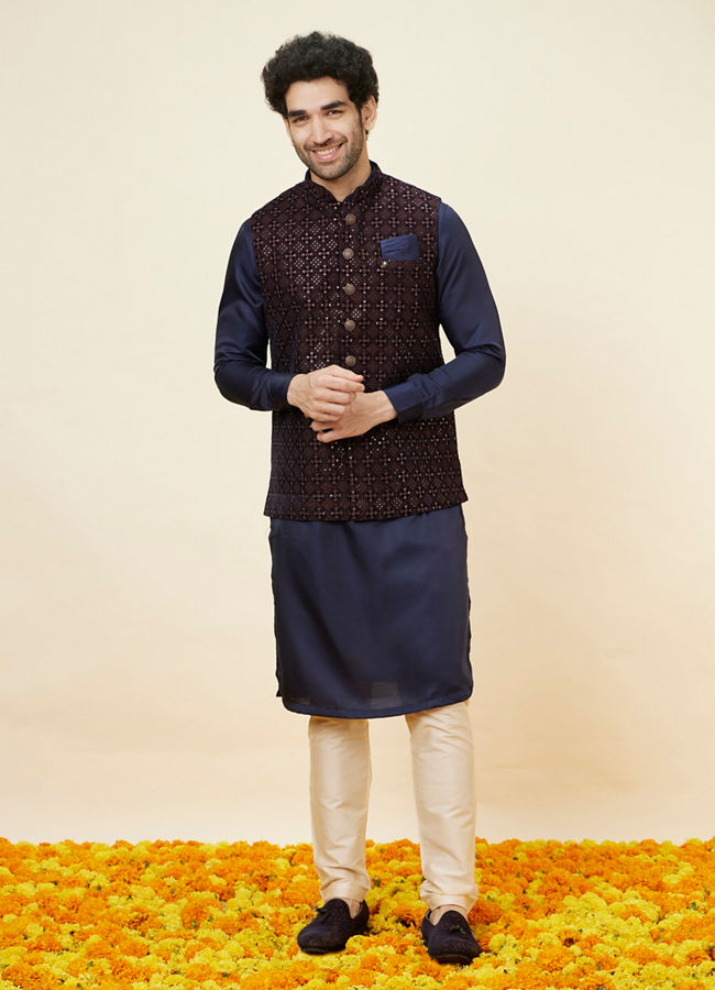 alt message - Manyavar Men Deep Blue Sequined Jacket image number 2