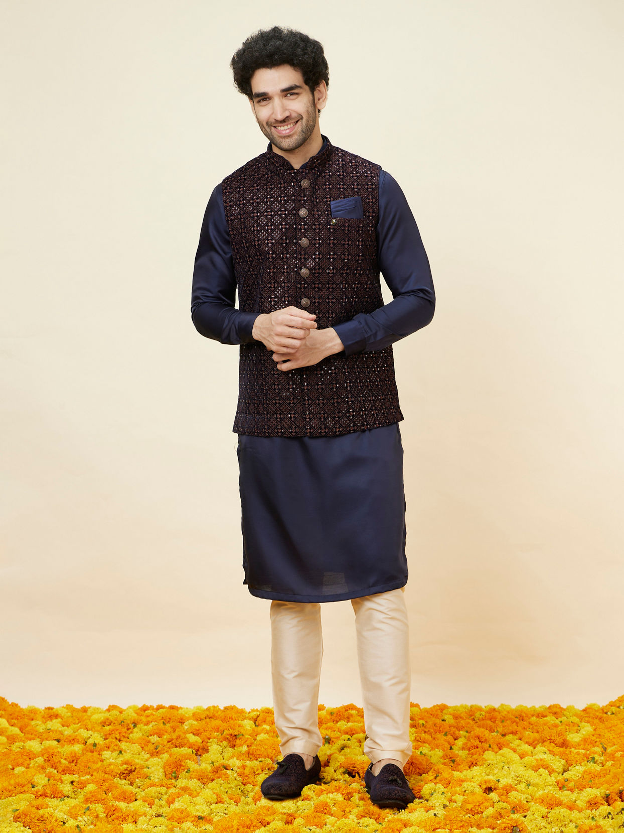 alt message - Manyavar Men Deep Blue Sequined Jacket image number 2