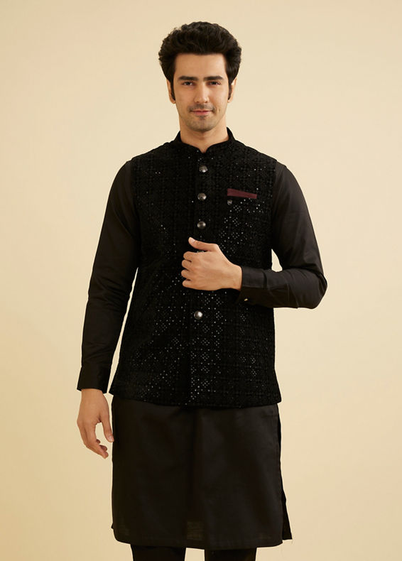 Manyavar Men Midnight Black Diamond Patterned Jacket