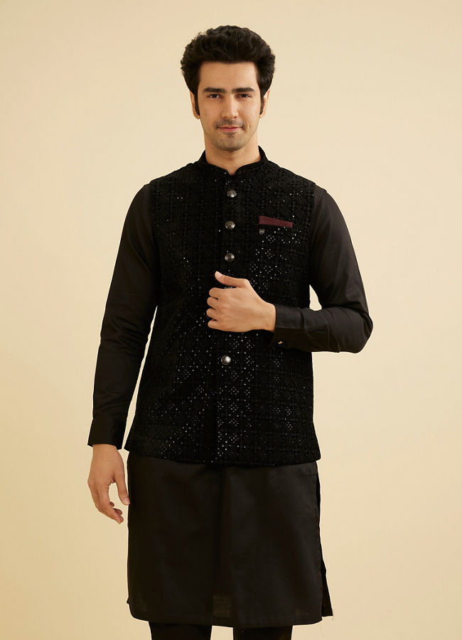 Manyavar Men Midnight Black Diamond Patterned Jacket image number 0