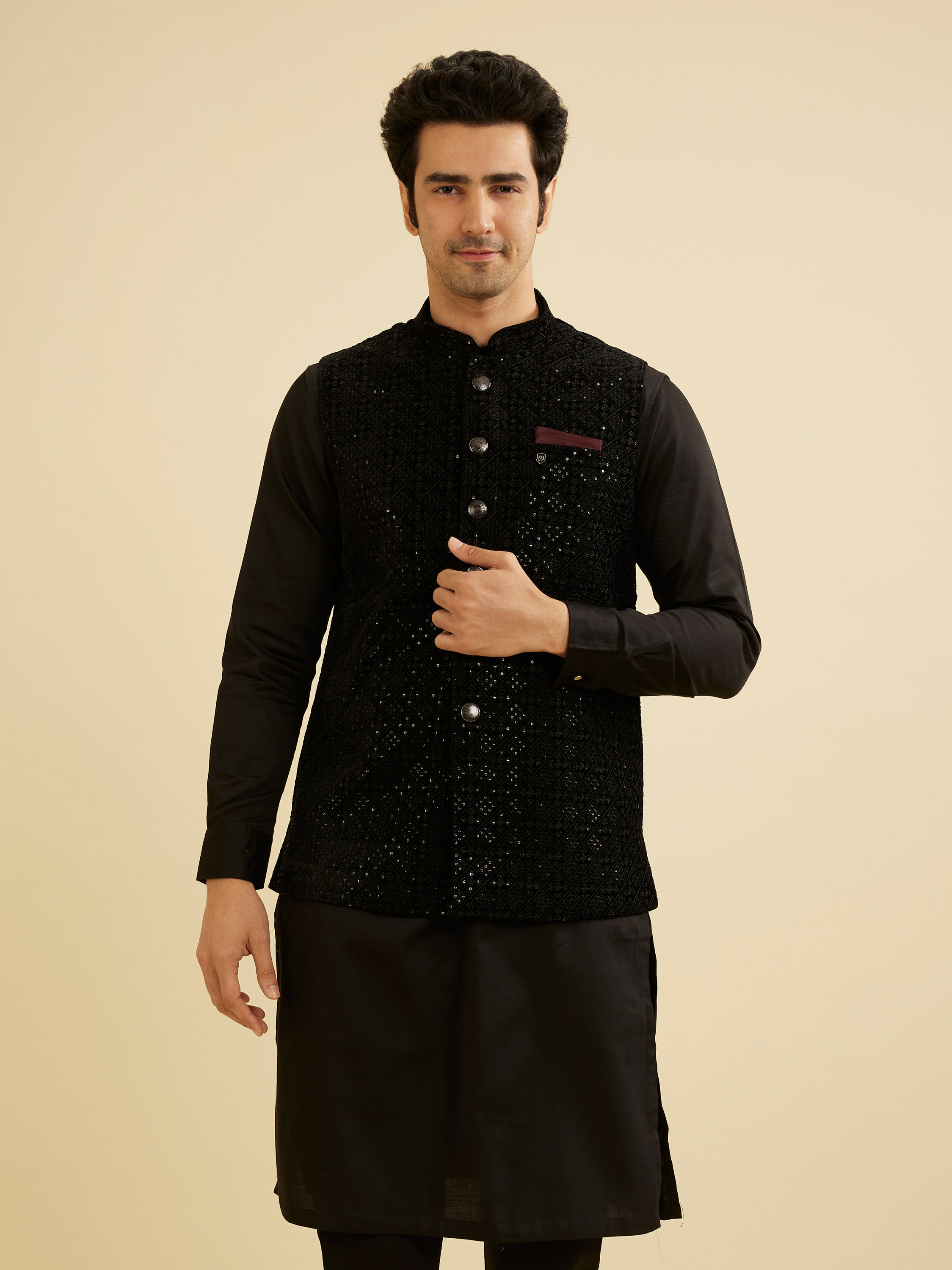 Manyavar Men Midnight Black Diamond Patterned Jacket