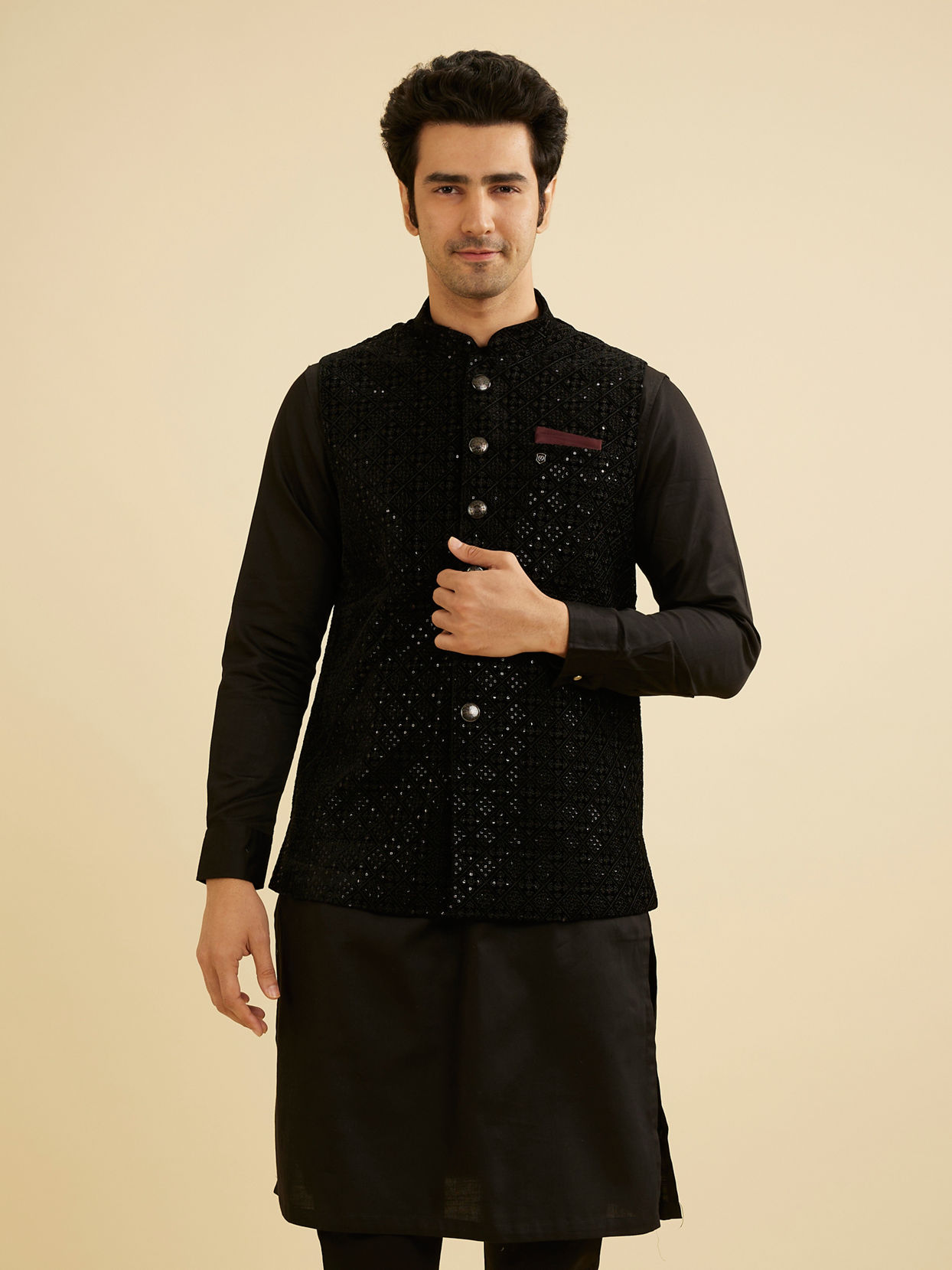 Manyavar Men Midnight Black Diamond Patterned Jacket image number 0