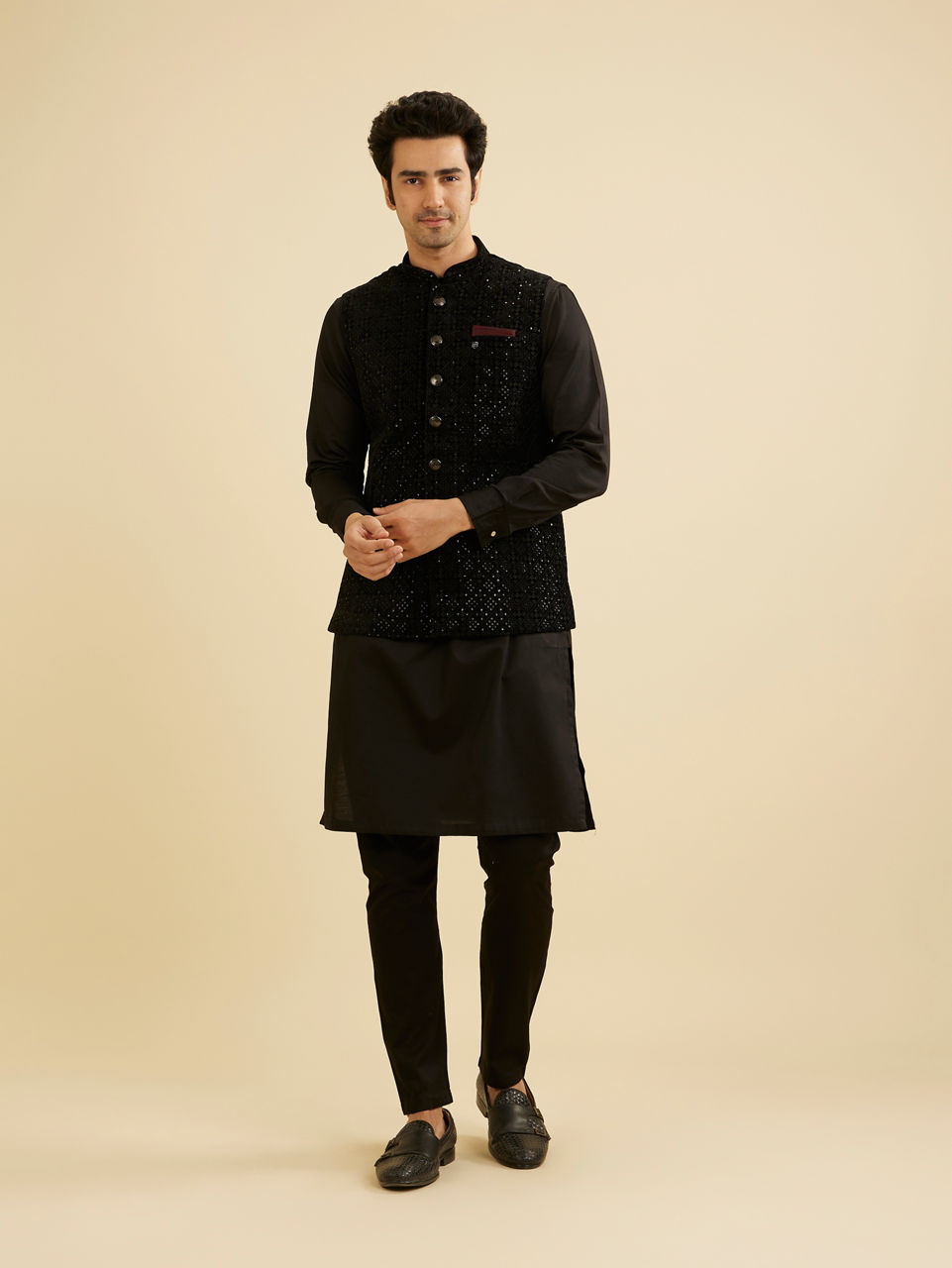 Manyavar Men Midnight Black Diamond Patterned Jacket