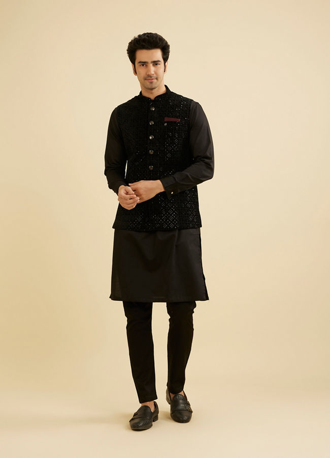 Manyavar Men Midnight Black Diamond Patterned Jacket image number 2