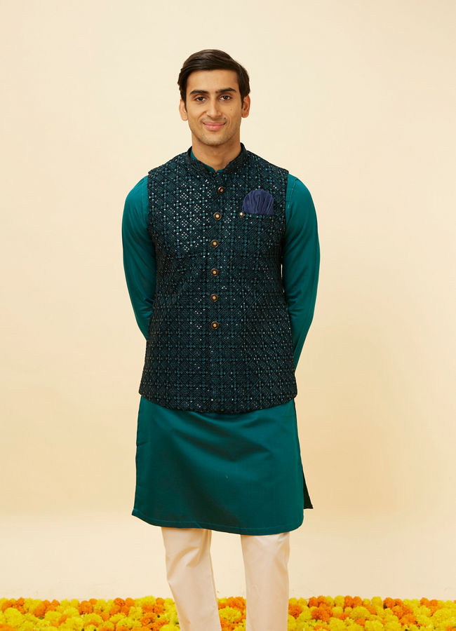 Manyavar Men Teal Blue Sequined Embroidered Jacket