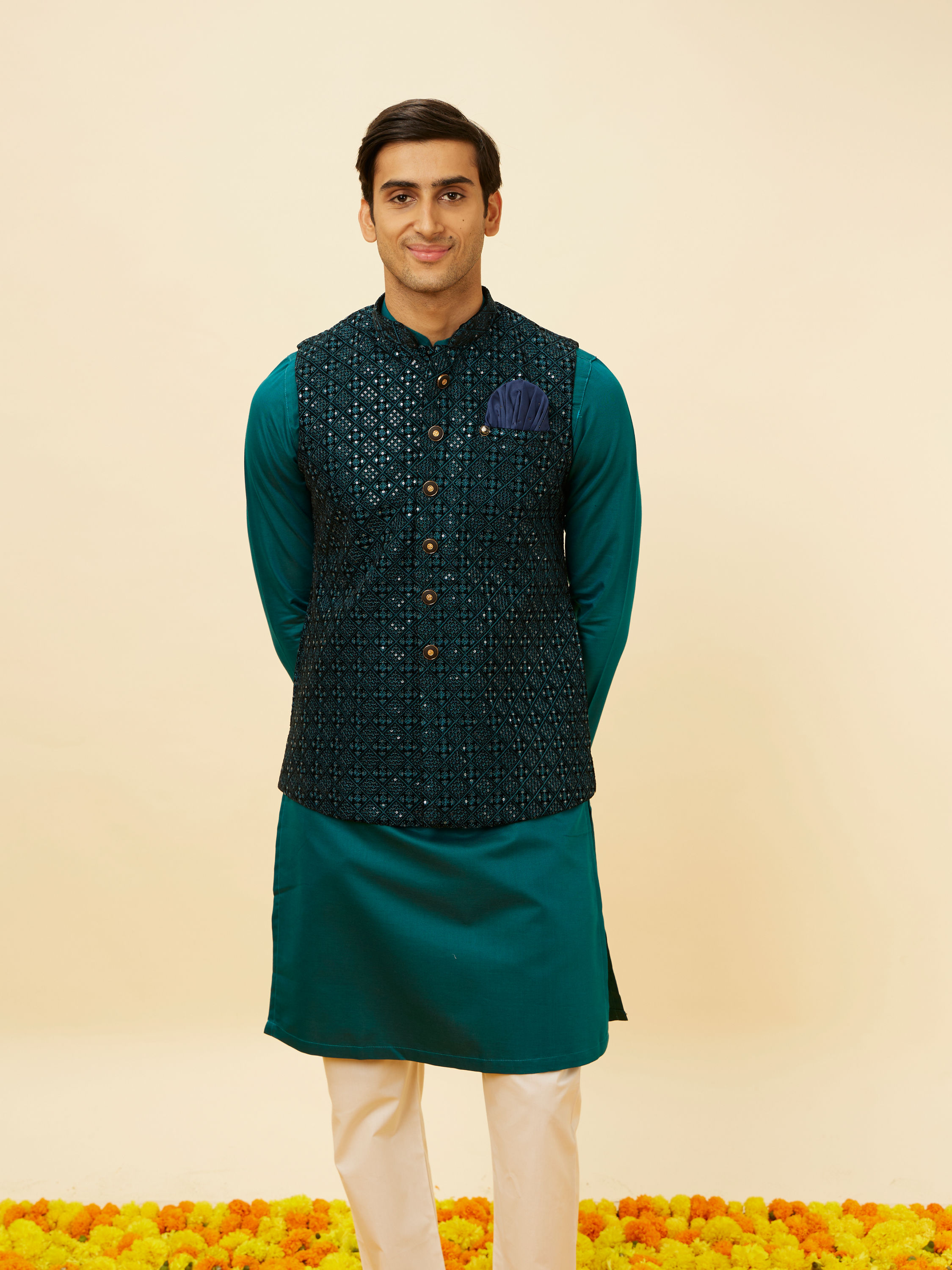 Manyavar Men Teal Blue Sequined Embroidered Jacket