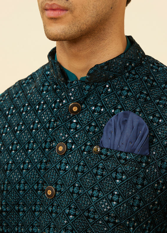 Manyavar Men Teal Blue Sequined Embroidered Jacket