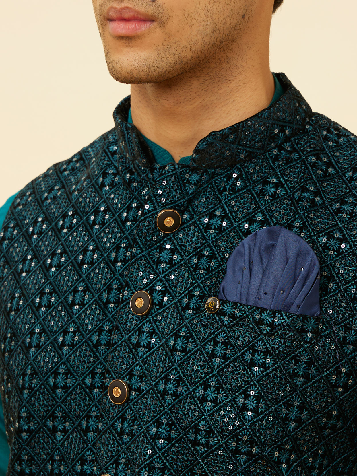Teal Blue Sequined Embroidered Jacket image number 1