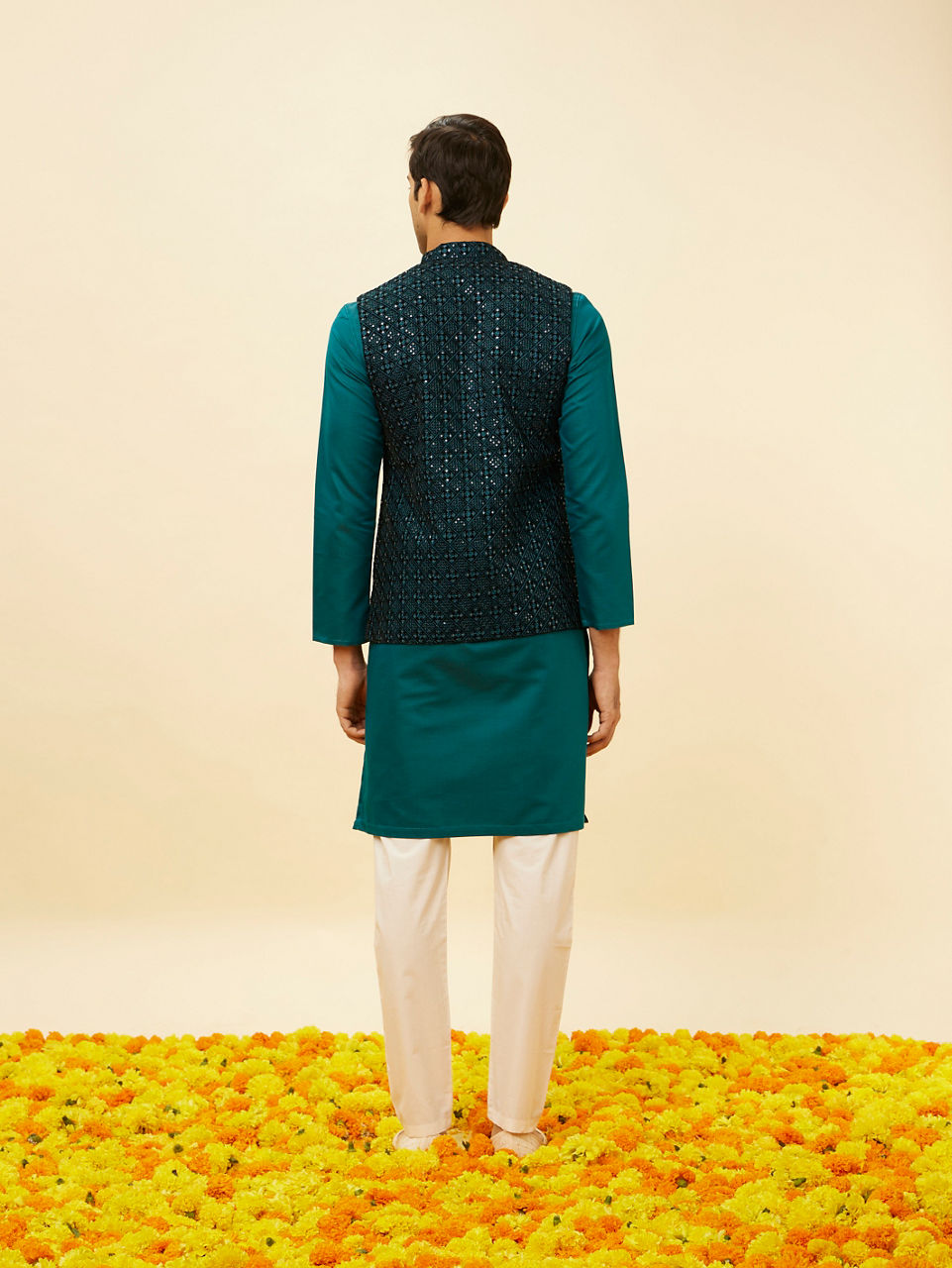 Manyavar Men Teal Blue Sequined Embroidered Jacket