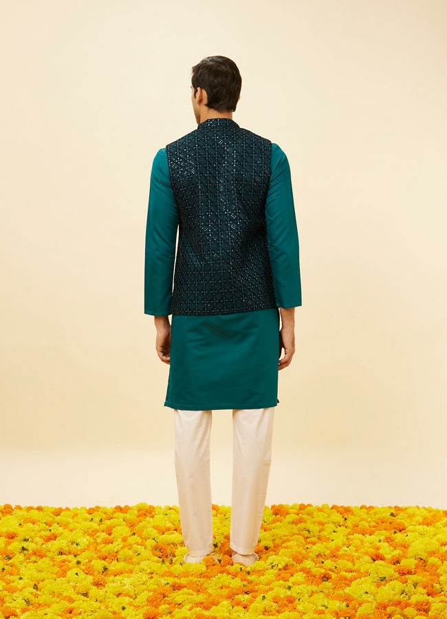 alt message - Manyavar Men Teal Blue Sequined Embroidered Jacket image number 3