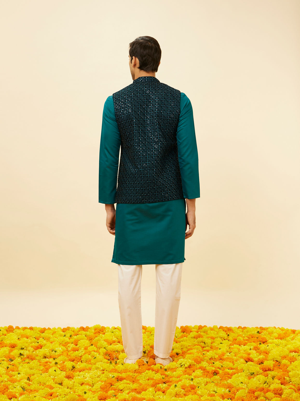 alt message - Manyavar Men Teal Blue Sequined Embroidered Jacket image number 3