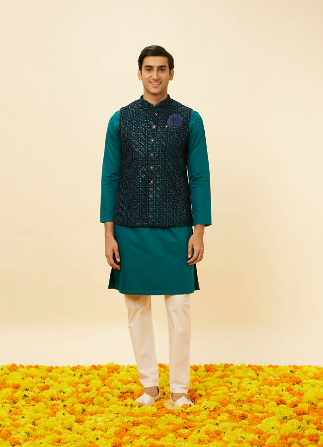 Manyavar Men Teal Blue Sequined Embroidered Jacket
