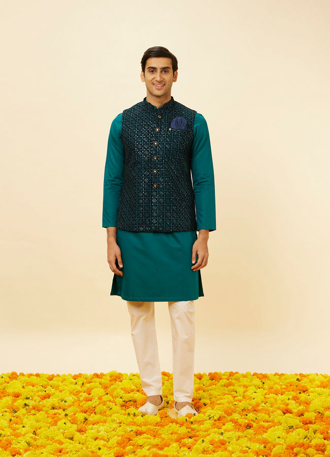 alt message - Manyavar Men Teal Blue Sequined Embroidered Jacket image number 2