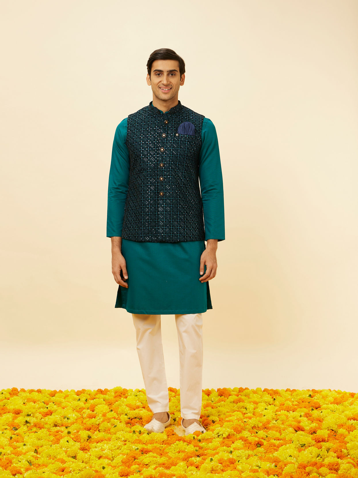 alt message - Manyavar Men Teal Blue Sequined Embroidered Jacket image number 2