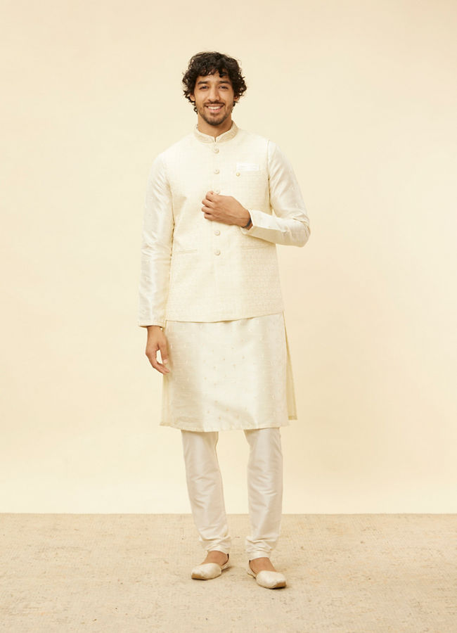 Manyavar Men Soft Cream Floral Jaal Patterned Jacket