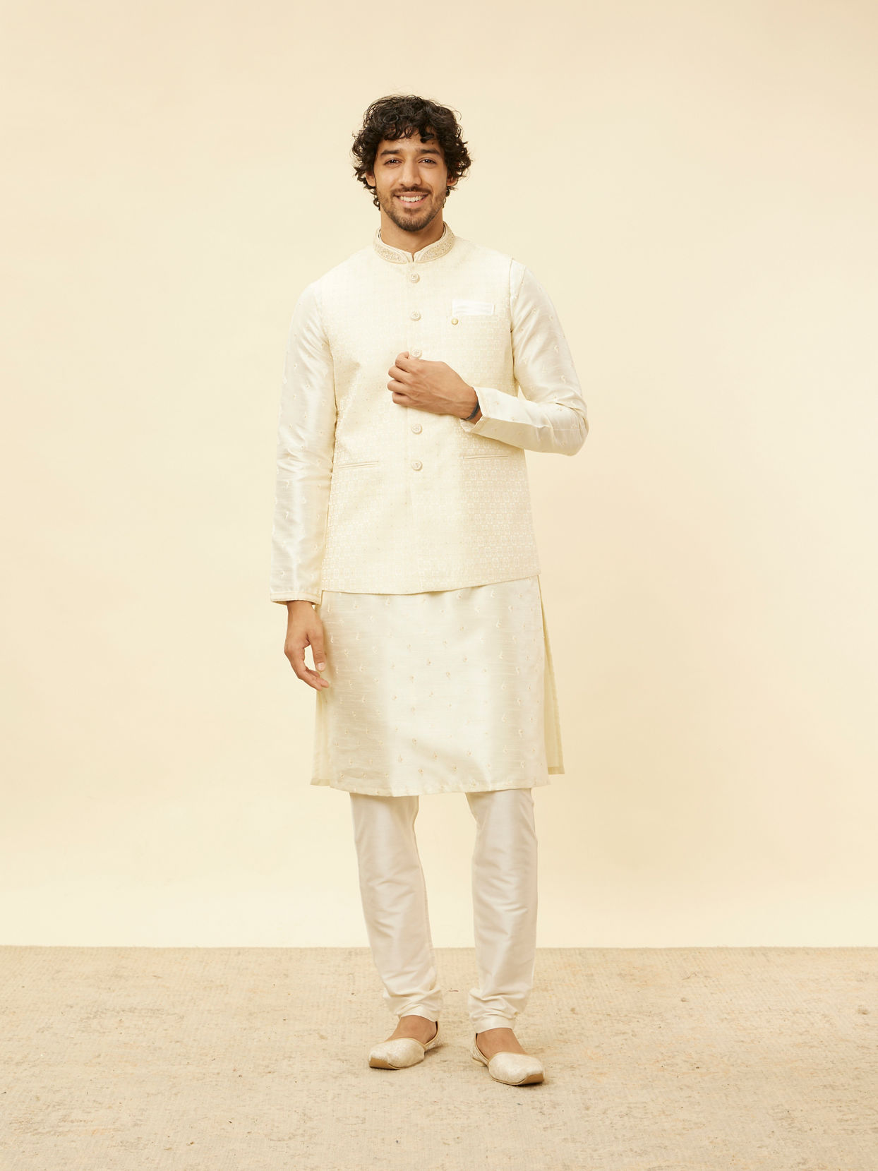 Manyavar Men Soft Cream Floral Jaal Patterned Jacket