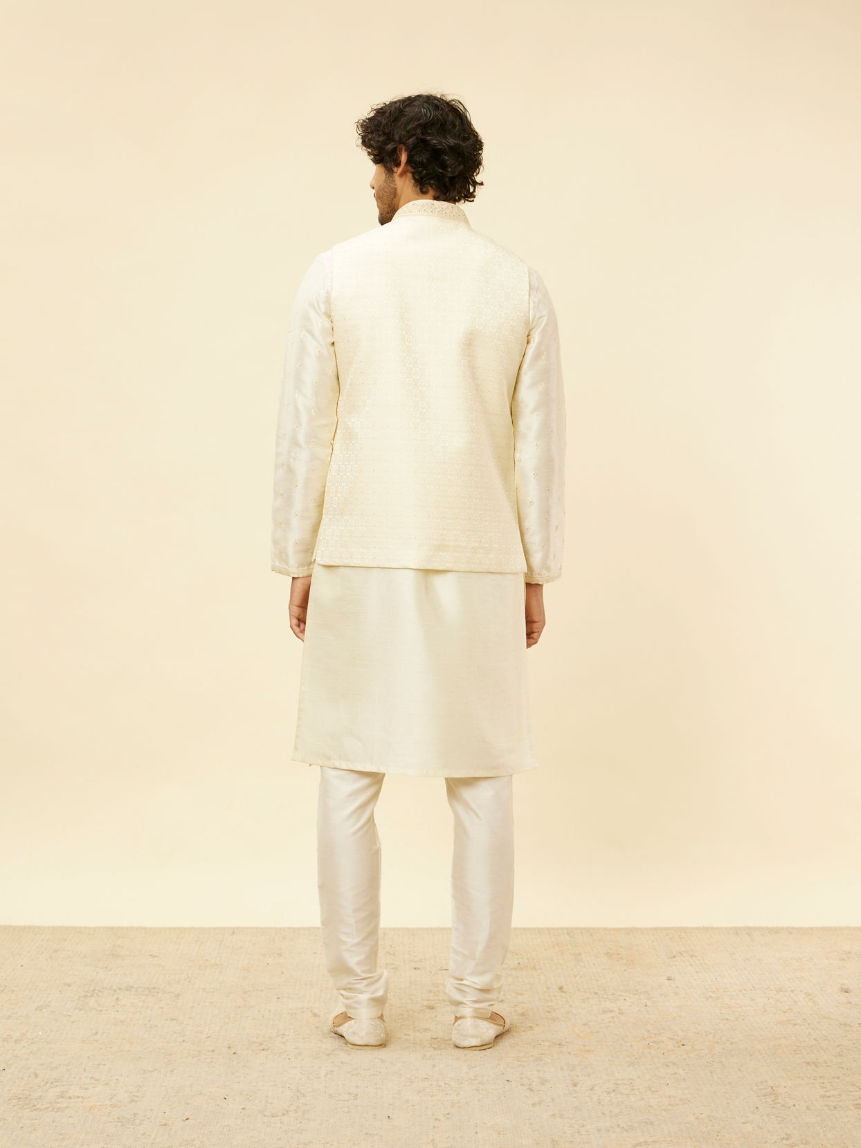 Manyavar Men Soft Cream Floral Jaal Patterned Jacket