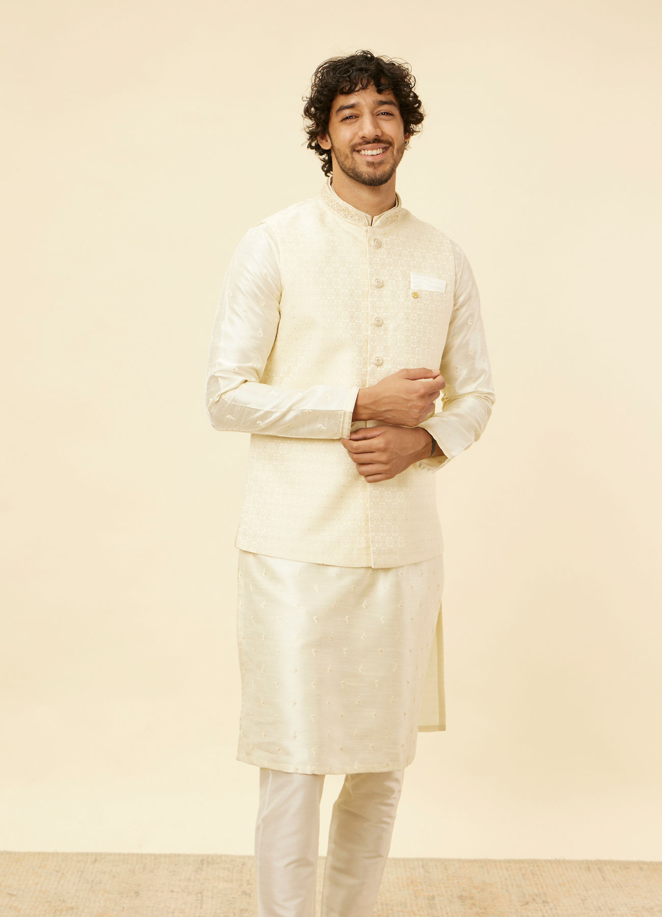 Manyavar Men Soft Cream Floral Jaal Patterned Jacket