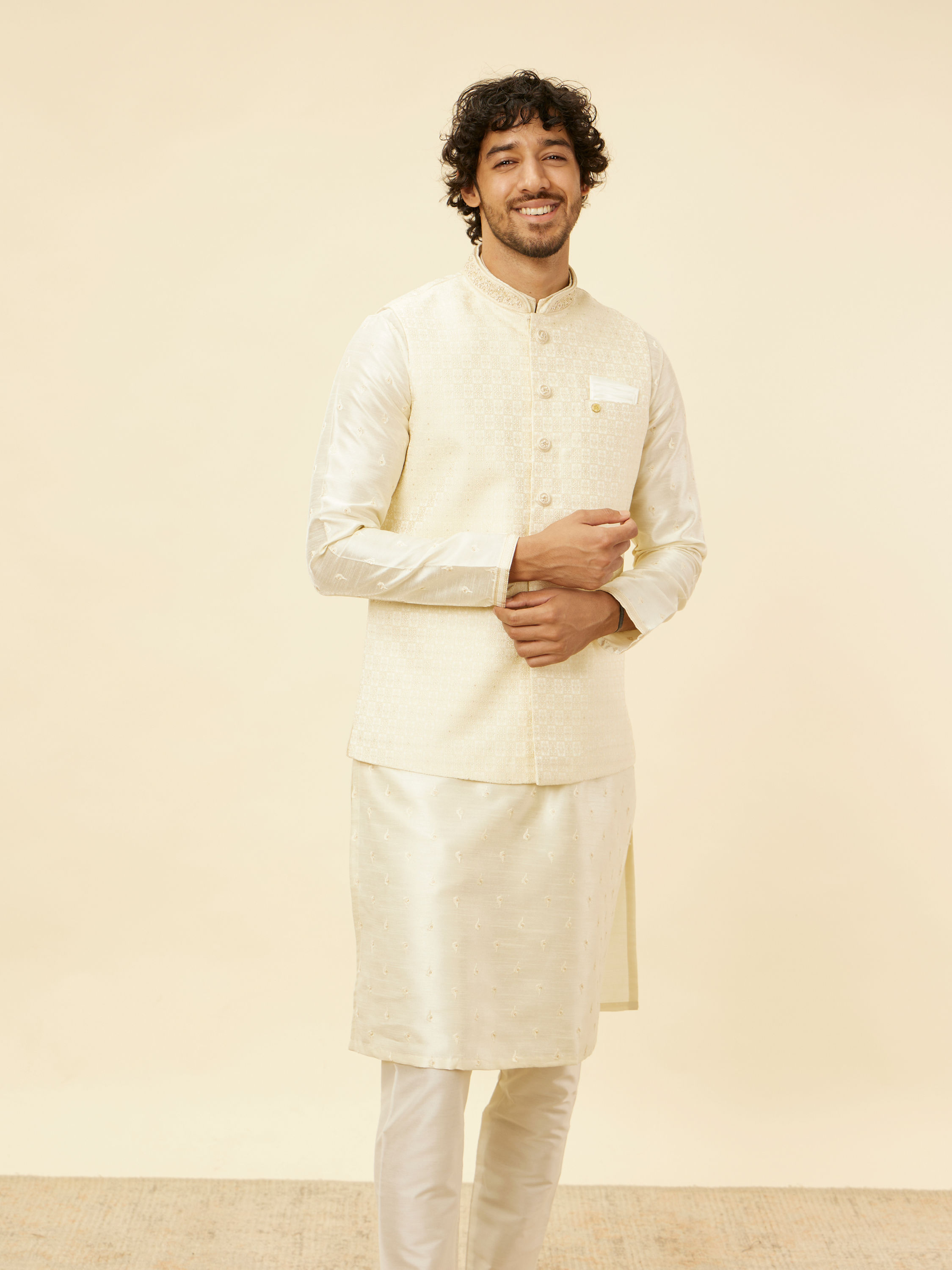 Manyavar Men Soft Cream Floral Jaal Patterned Jacket