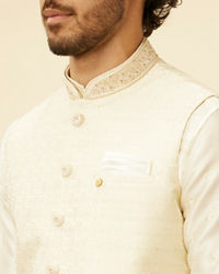 Manyavar Men Soft Cream Floral Jaal Patterned Jacket