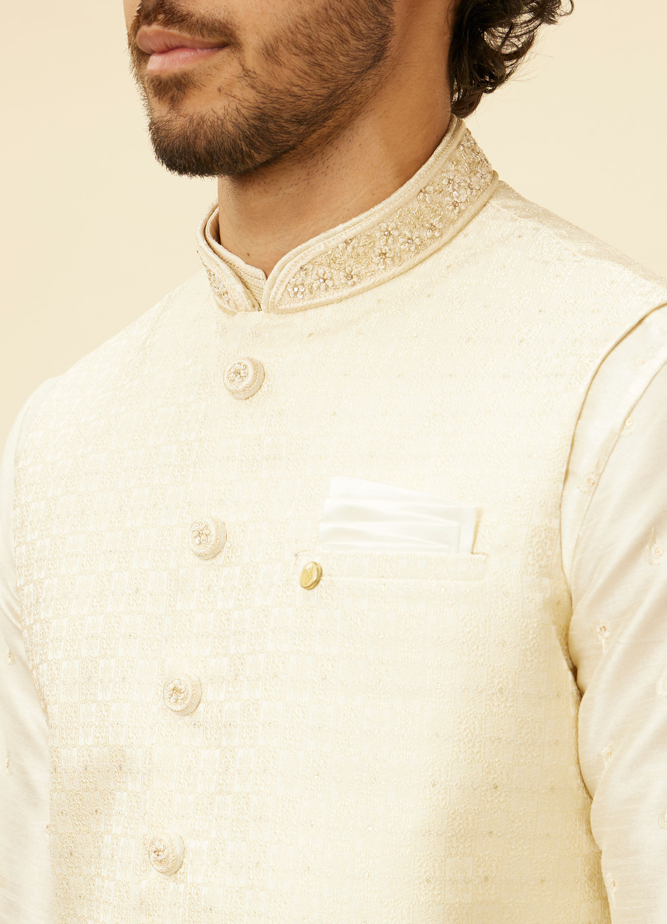 Manyavar Men Soft Cream Floral Jaal Patterned Jacket