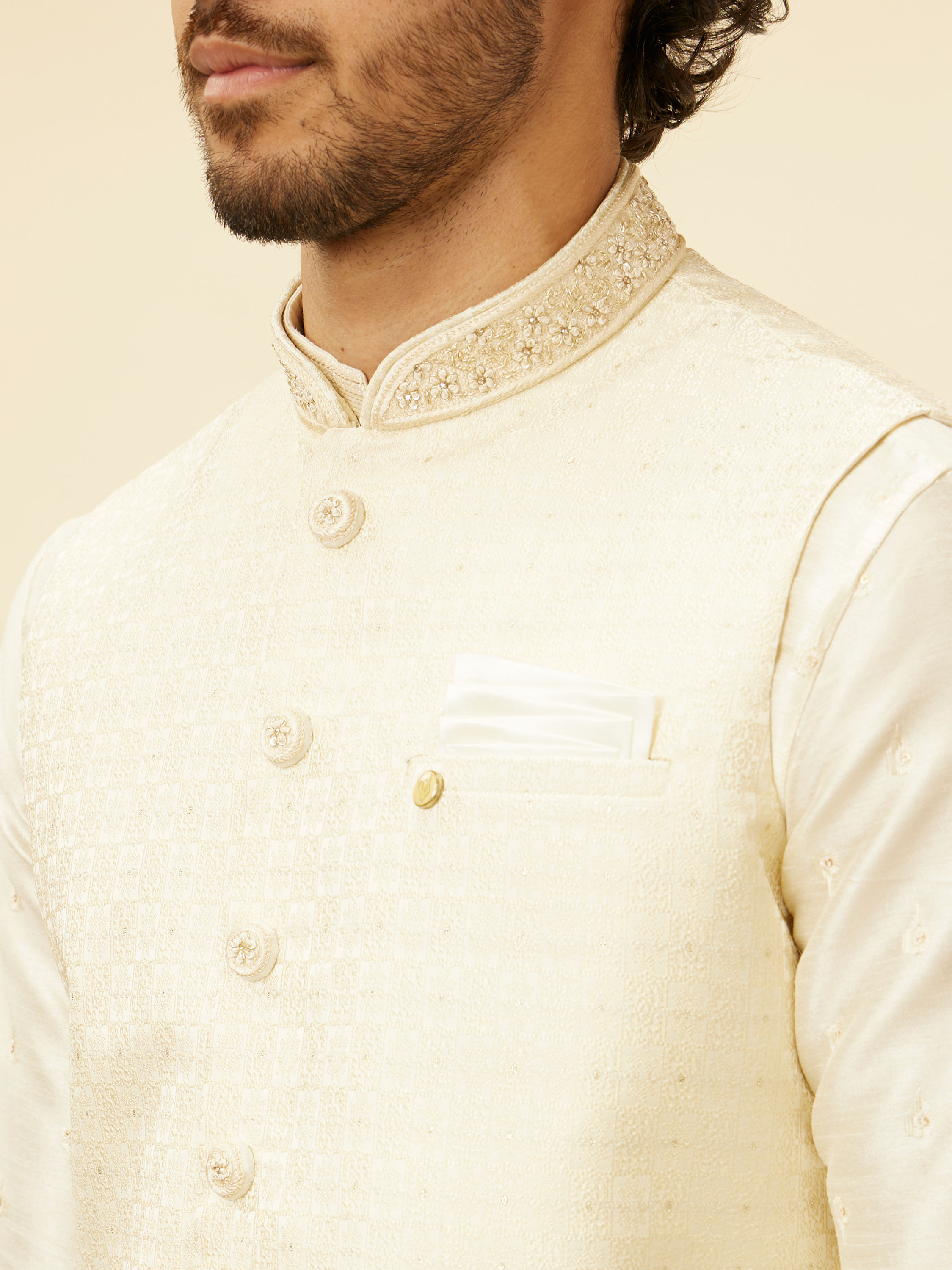 Manyavar Men Soft Cream Floral Jaal Patterned Jacket