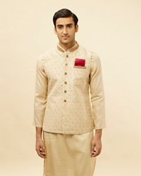 Manyavar Men Golden Cream Embellished Collar Jacket