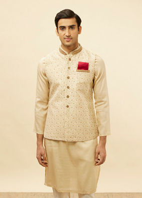 alt message - Manyavar Men Golden Cream Embellished Collar Jacket