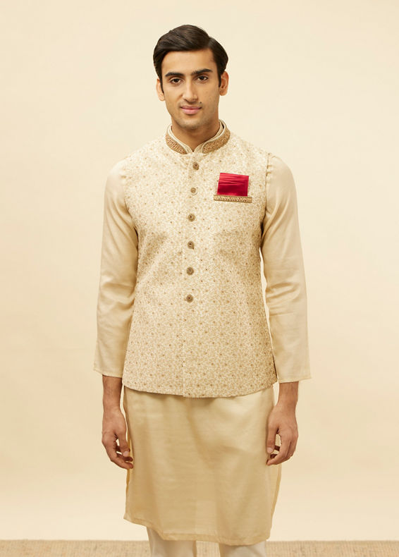 Manyavar Men Golden Cream Embellished Collar Jacket