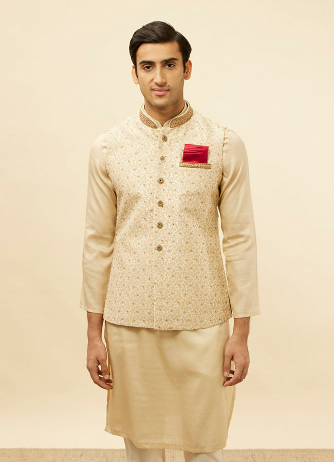 alt message - Manyavar Men Golden Cream Embellished Collar Jacket image number 0