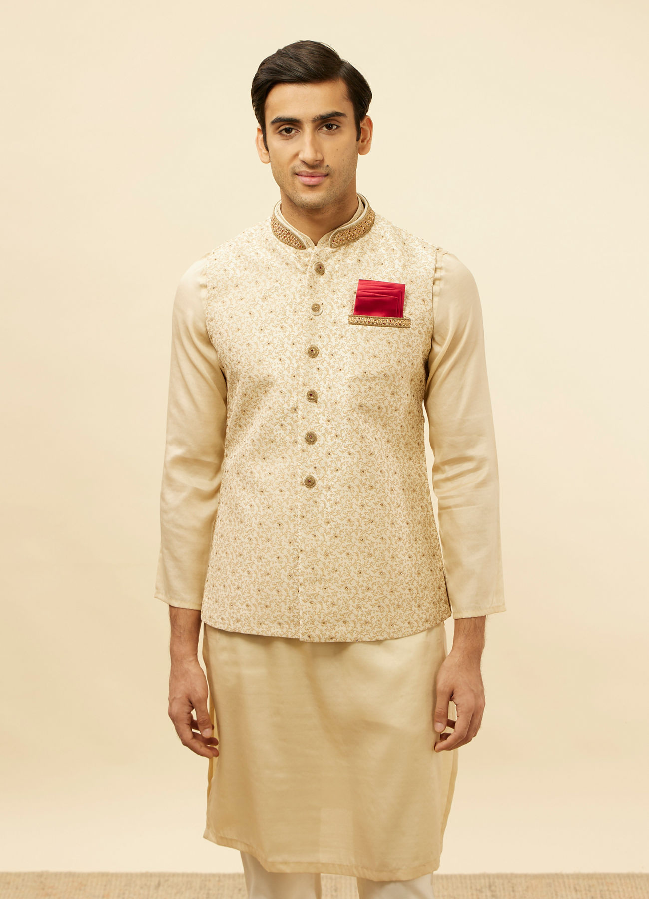 Manyavar Men Golden Cream Embellished Collar Jacket