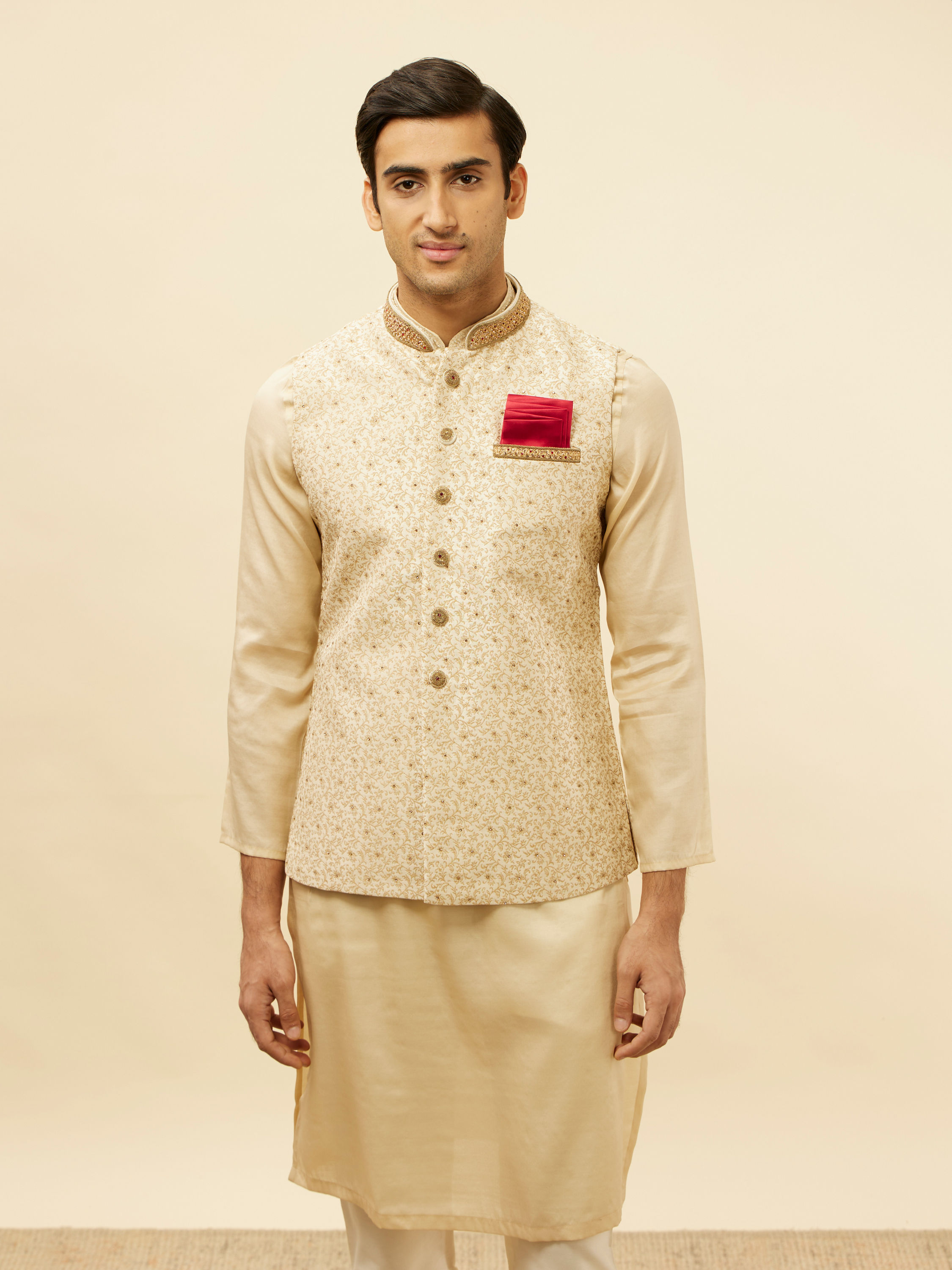 Manyavar Men Golden Cream Embellished Collar Jacket