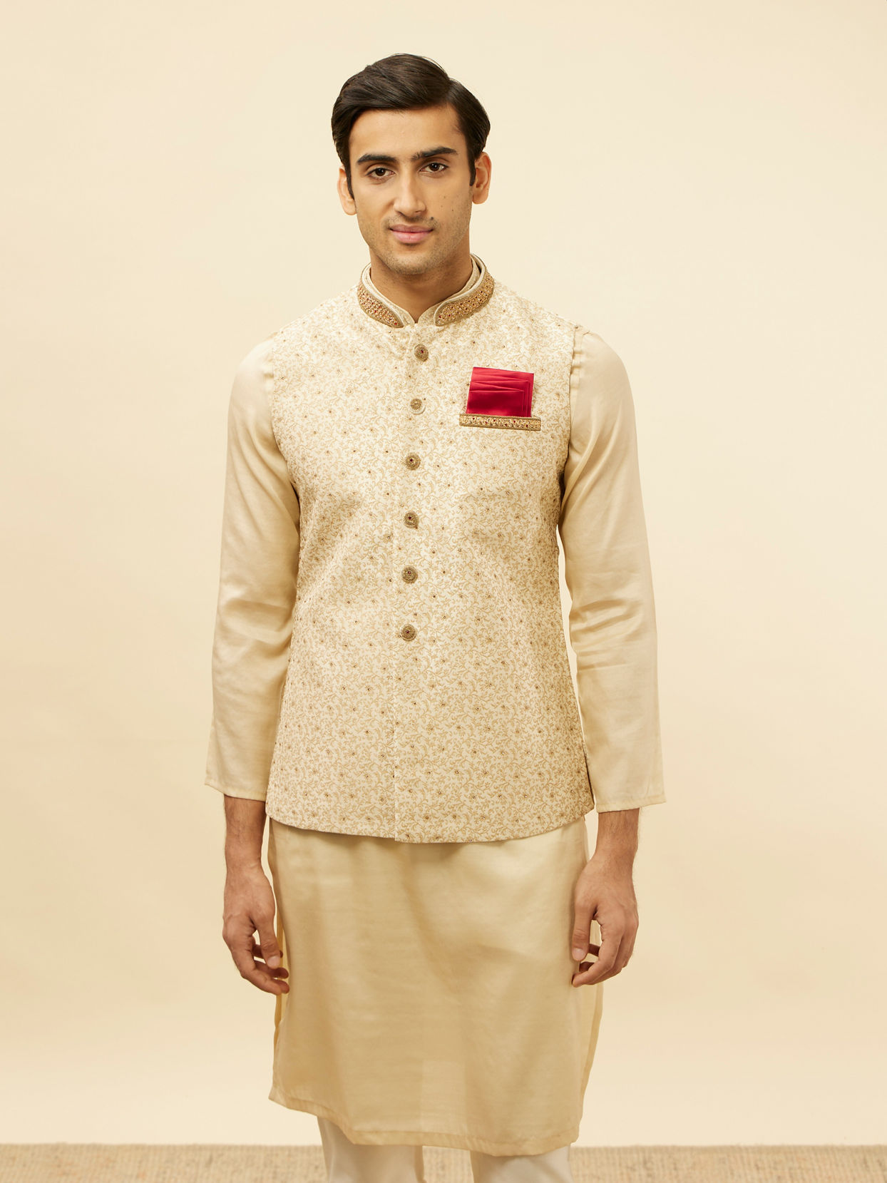 alt message - Manyavar Men Golden Cream Embellished Collar Jacket image number 0