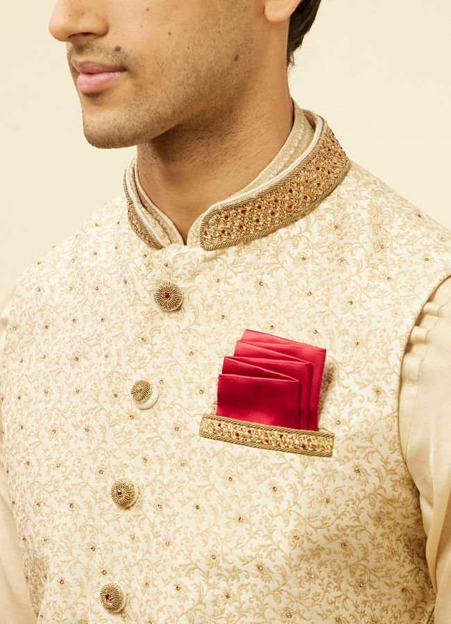 alt message - Manyavar Men Golden Cream Embellished Collar Jacket image number 1