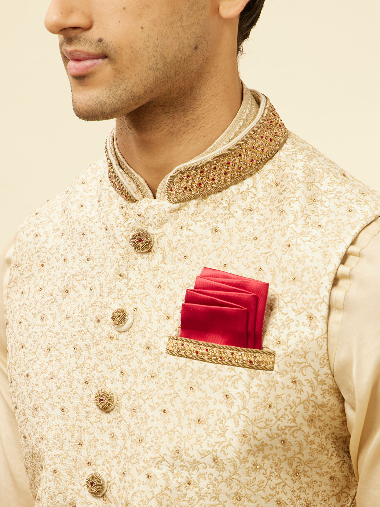 alt message - Manyavar Men Golden Cream Embellished Collar Jacket image number 1