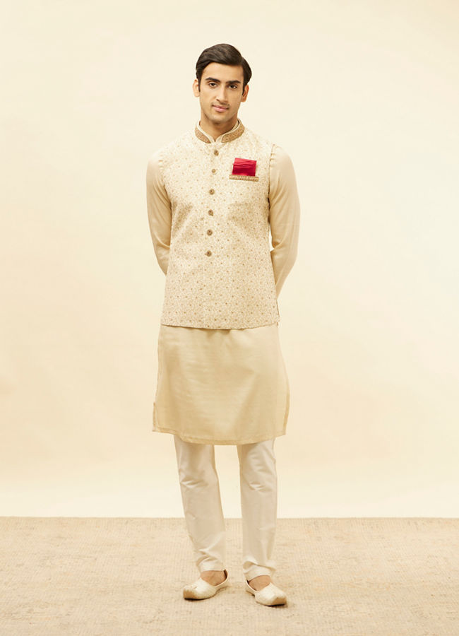 alt message - Manyavar Men Golden Cream Embellished Collar Jacket image number 2