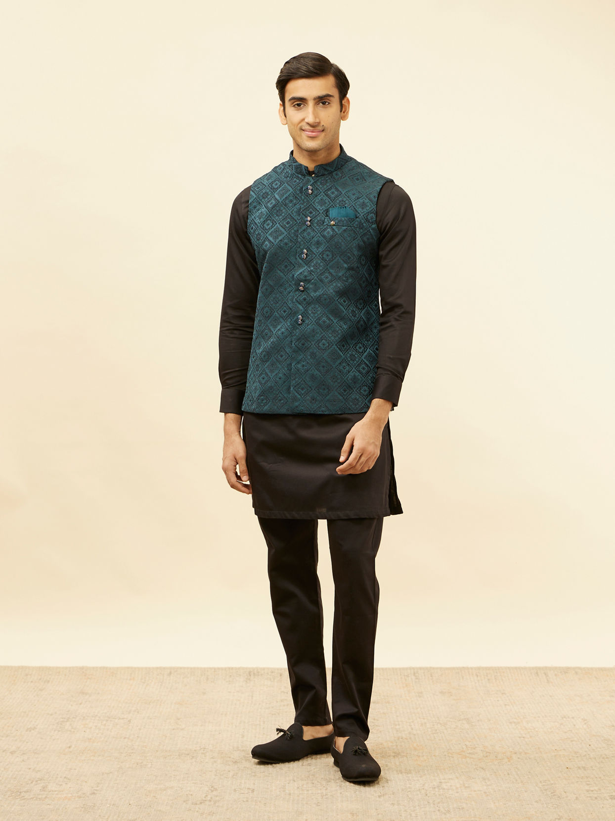 Manyavar Men Imperial Blue Grid Patterned Jacket image number 2