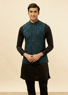 Manyavar Men Imperial Blue Grid Patterned Jacket image number 0