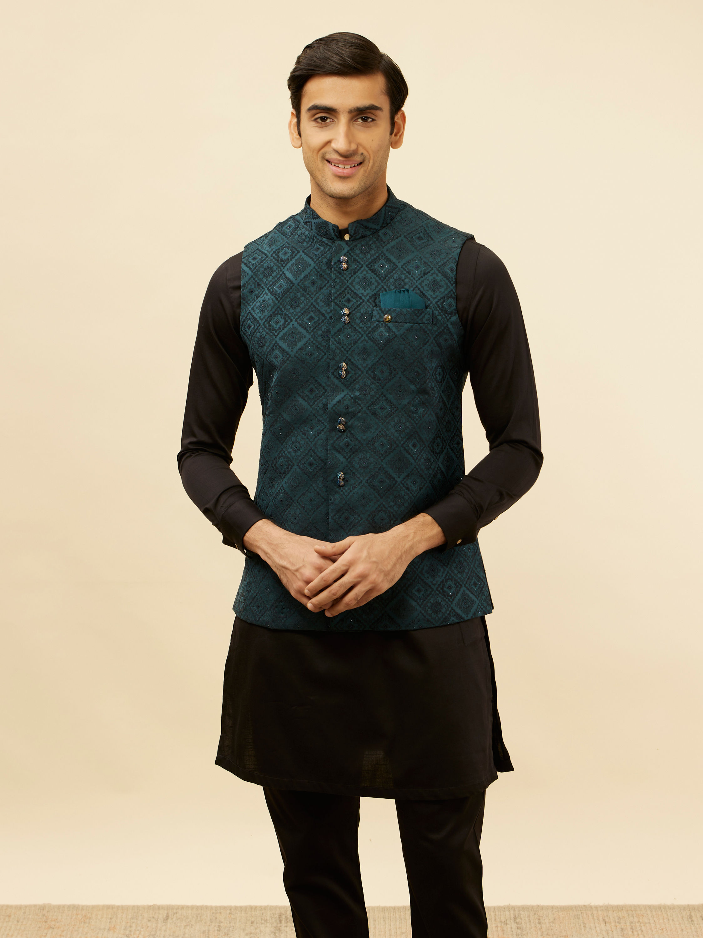 Manyavar Men Imperial Blue Grid Patterned Jacket