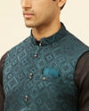 Manyavar Men Imperial Blue Grid Patterned Jacket image number 1