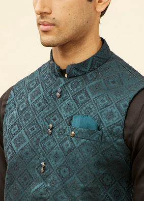 Manyavar Men Imperial Blue Grid Patterned Jacket image number 1