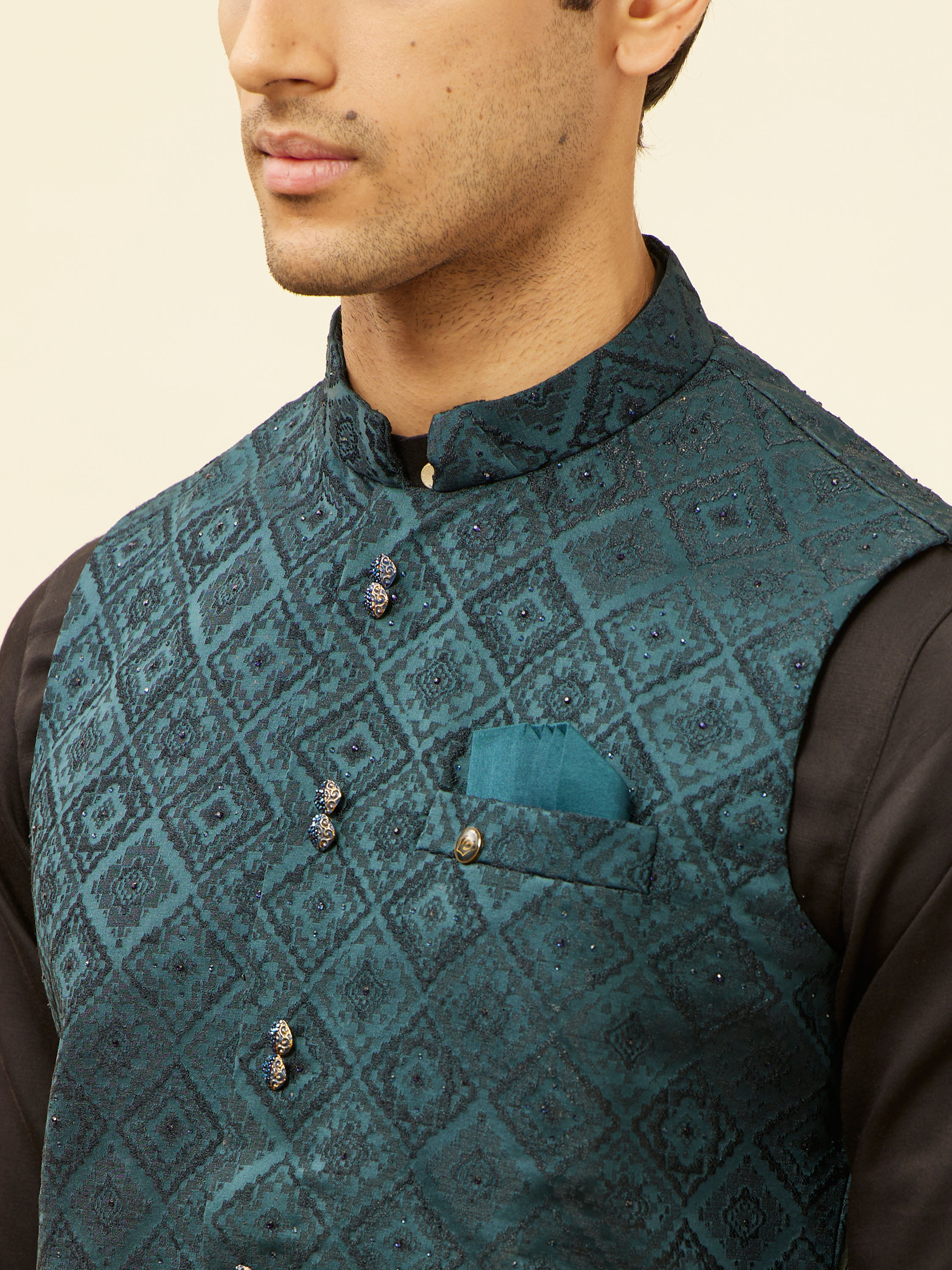 Manyavar Men Imperial Blue Grid Patterned Jacket