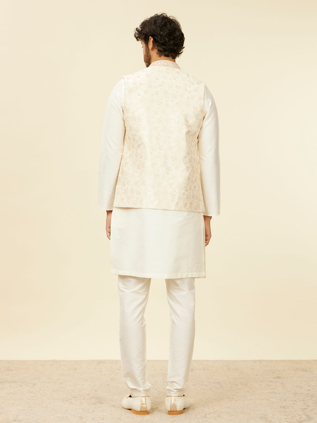 Manyavar Men Warm Cream Bel Buti Patterned Nehru Jacket