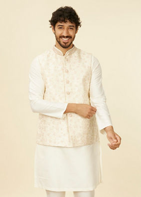 alt message - Manyavar Men Warm Cream Bel Buti Patterned Nehru Jacket