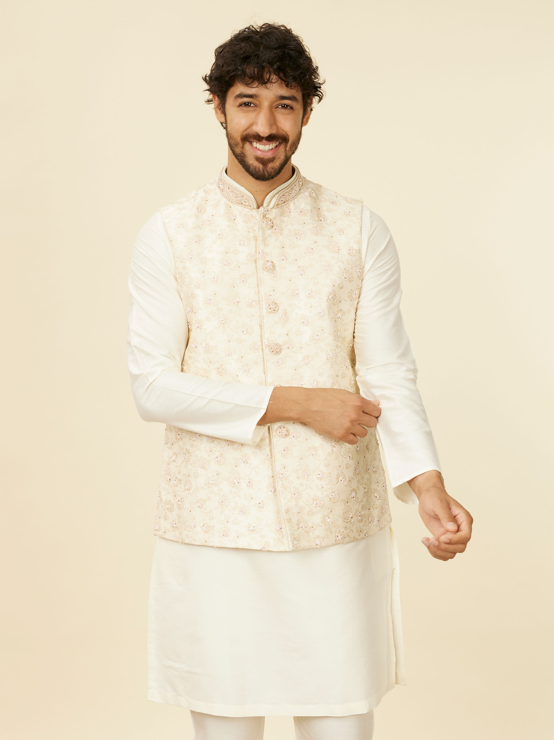 Manyavar Men Warm Cream Bel Buti Patterned Nehru Jacket