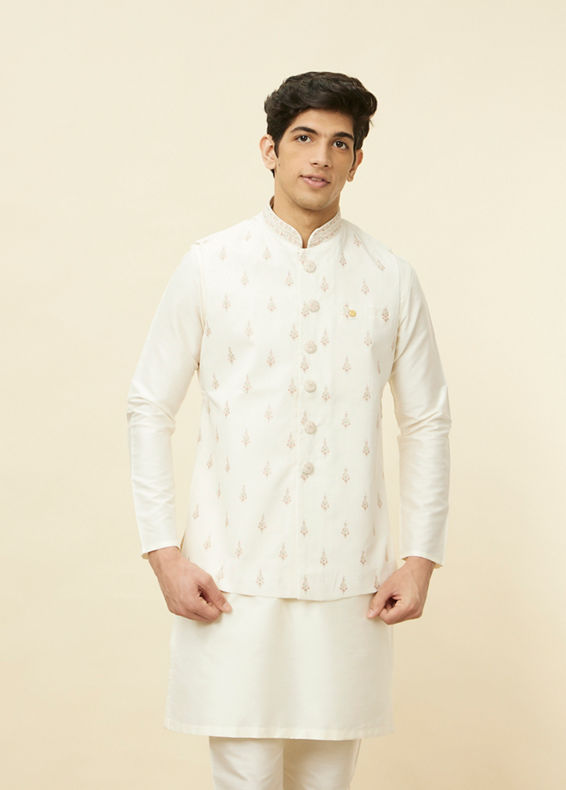 alt message - Manyavar Men Cream White Buta Patterned Jacket